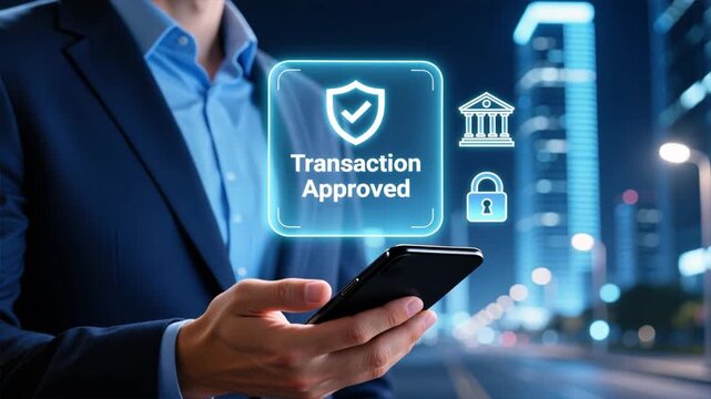 Businessman hands holding smartphone at night with floating holographic interface showing approved transaction and icons Secure Payment, Secure Transaction