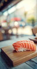 Two pieces of salmon nigiri on a light wood board, sitting on a table in a blurred restaurant setting