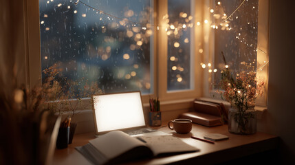 Cozy workspace with glowing laptop, open notebook, and warm cup of coffee sits by window adorned with string lights. Raindrops on glass create serene atmosphere