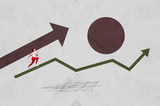 Collage with person observing rising arrow symbolizing startup growth business income statistics trading decrease increase