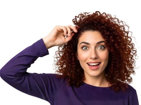 Excited Woman Portrait Curly Hair Looking Upward Happy Joyful Amazement Facial Expression Cheerful Model Pretty Lady Smiling Redhead Amazed Person - Powered by Adobe