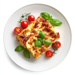 Atop a white plate, a browned lasagna square is adorned with fresh basil, cherry tomatoes, and sprigs of thyme
