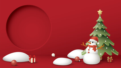 3D cute snowman, decorated Christmas tree, snowdrift and circle frame paper cut style with red background graphic illustration have blank space.