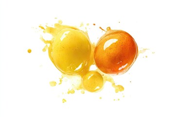 Two vibrant, glossy spheres of yellow and orange liquid collide, creating a dynamic splash against a stark white backdrop