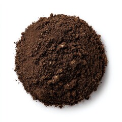 A dark brown, crumbly pile of soil sits atop a stark white background, forming a slightly uneven, rounded mound