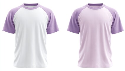 Two raglan t-shirts, one white, one lilac, shown against a white background.  Both feature short sleeves and a crew neck