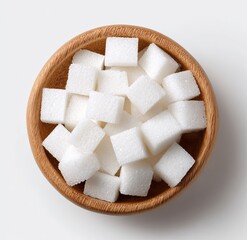 A small wooden bowl filled to the brim with numerous white sugar cubes, viewed from directly above against a plain white background