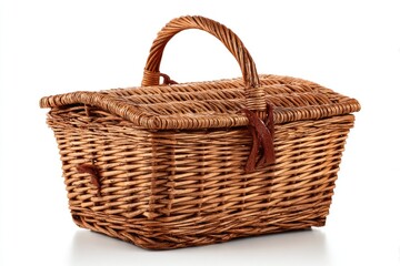 A rustic, rectangular wicker picnic basket with a hinged lid, brown leather straps, and a sturdy top handle, isolated on white