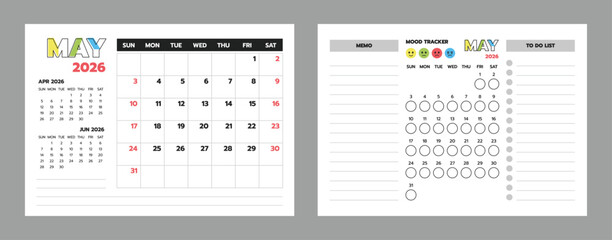 May 2026 calendar set with planner, memo, to-do list, and mood tracker. Perfect for organizing tasks and tracking moods.
