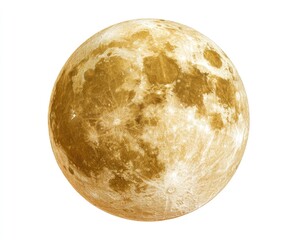 A full moon, predominantly gold and beige, displays a detailed surface texture of craters and maria against a stark white background