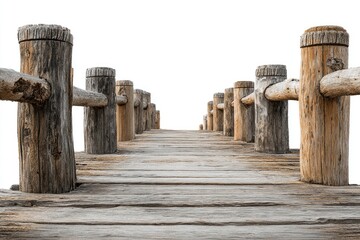 Rustic wooden footbridge extending to a vanishing point, weathered planks and sturdy posts form its simple structure against a stark white background