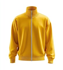 Mustard yellow full-zip track jacket with ribbed cuffs and hem, a high mock neck, and a subtle silver zipper