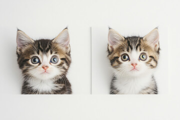 Front-facing kitten and chick expressions floating on white canvas 32k, full ultra hd, high resolution