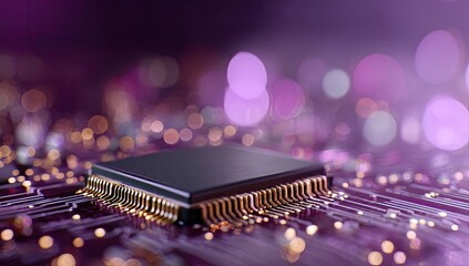 A sleek, dark-grey microchip rests centrally on a vibrant purple circuit board, bathed in soft bokeh lighting