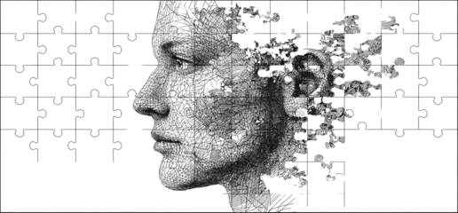 Human head profile and jigsaw puzzle, cognitive psychology or psychotherapy concept, mental health, brain problem, personality disorder, vector line design, 