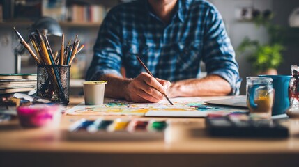 Fototapeta premium entrepreneur. An entrepreneur works at a minimalist desk with artistic tools in a clean, inspiring workspace with soft lighting. pitch deck slides.