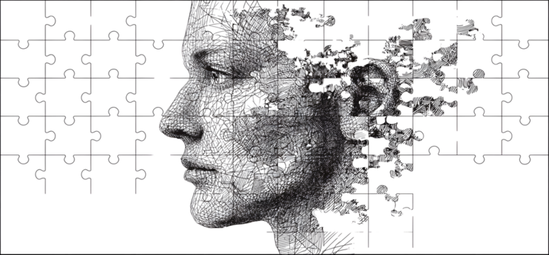 Human head profile and jigsaw puzzle, cognitive psychology or psychotherapy concept, mental health, brain problem, personality disorder, vector line design, 