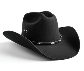 A classic black cowboy hat, felt material, slightly downturned brim, silver-toned band with conchos,  simple design, angled view on white background