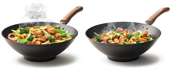 Two steaming woks filled with chicken and assorted vegetables, showcasing a delicious stir-fry