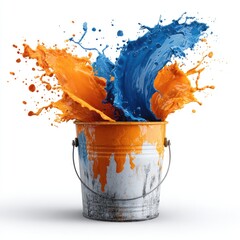 Exploding orange and blue paint from a weathered metal bucket against a white background, showcasing dynamic splashes and drips