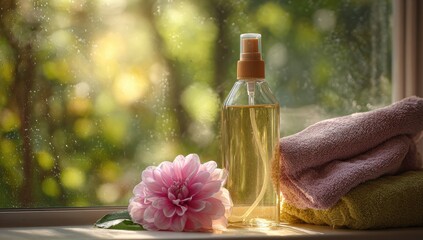 Sunlit windowsill displays amber spray bottle, pink dahlia, and pastel towels; soft-focus green background