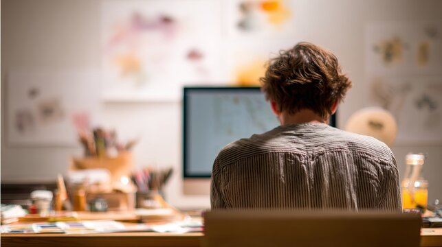 entrepreneur. An entrepreneur works at a minimalist desk with artistic tools in a clean, inspiring workspace with soft lighting. pitch deck slides.