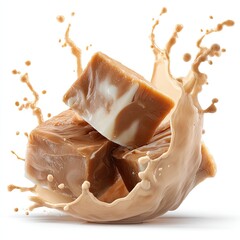 Three creamy, light-brown fudge cubes suspended in a dynamic splash of matching liquid, isolated on white