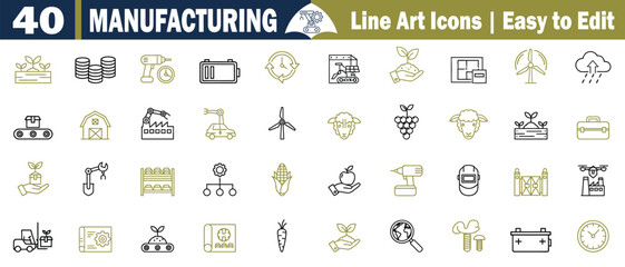 40 Manufacturing line art editable icons set. Gold and blue on a white background with agriculture, farming, icons, collection, plant, seedling, coins, drill, vector illustration. 