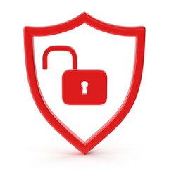 Red shield with unlocked padlock security symbol protection concept