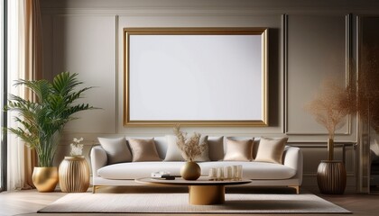 large size empty picture frame mockup in a luxury and elegant large living room