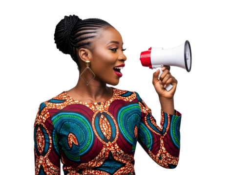 African Woman with Megaphone Announcing News Communication Marketing Public Speaking Promotion Voice Loudspeaker Message Alert Advocacy