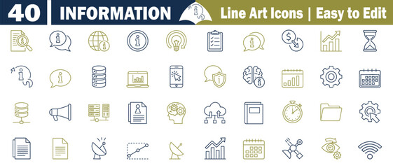 A collection of 40 Information and data line art icons set. For easy editing,  data, technology, communication, analysis, research, knowledge, learning, business, strategy, vector illustration. 