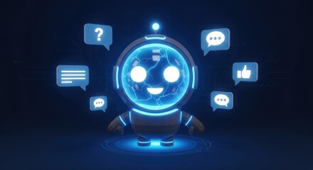 Hologram of AI Robot or Chatbot with Speech Bubbles on Technology Blue Background. AI Chat Bot Mascot. Low Poly Wireframe Tech Bg. Support Assistant Virtual Character.