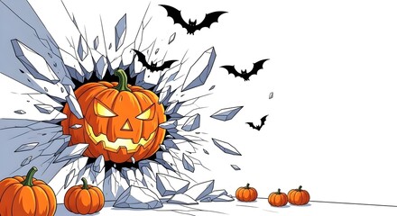 Halloween pumpkin breaking a white wall with bats, anime style illustration, wallpaper with copy space