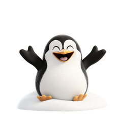 Obraz premium Joyful cartoon penguin sitting on snow with open arms