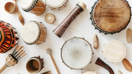 Drumming and Percussion Instruments on White Background – a vibrant and rhythmic display. The assortment of drumming and percussion instruments set against a clean white background creates an energeti