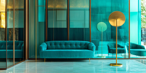 Glass-walled modern lounge with turquoise tones and gold floor lamp