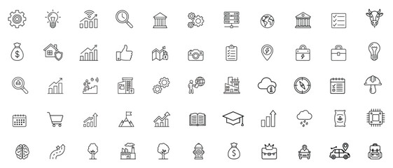 Extensive collection of line icons for business technology and industry concepts. With  technology, data analytics, growth charts, statistics, magnifying glass, building architecture, illustration. 