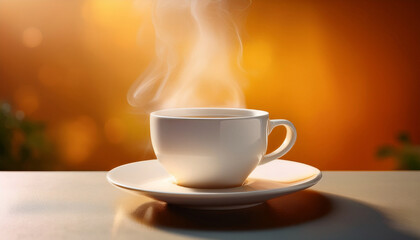 Steaming Hot Beverage In White Cup And Saucer Against A Bright Background