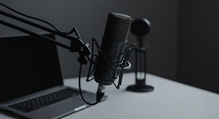 Podcast Recording Setup with Microphone and Laptop on Desk.