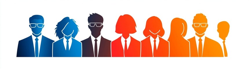 Vibrant gradient silhouettes depicting a diverse team of business professionals collaboratively standing together representing unity and modern workforce