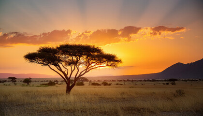 Obraz premium Lone Acacia Tree In African Savanna At Sunset Vibrant Golden Sky And Expansive Landscape Capturing Spirit Of Travel Africa Day Scenic Beauty Of Wild