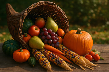 Cornucopia d&eacute;bordant de fruits et l&eacute;gumes color&eacute;s