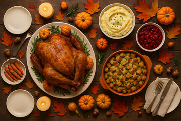 Vue a&eacute;rienne d&rsquo;une table de Thanksgiving garnie