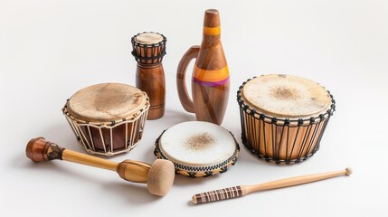 Drumming and Percussion Instruments on White Background – a vibrant and rhythmic display. The assortment of drumming and percussion instruments set against a clean white background creates an energeti