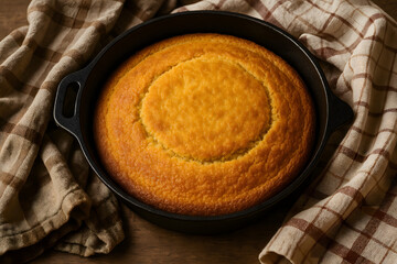 Pain de ma&iuml;s dor&eacute; dans un plat en fonte rustique