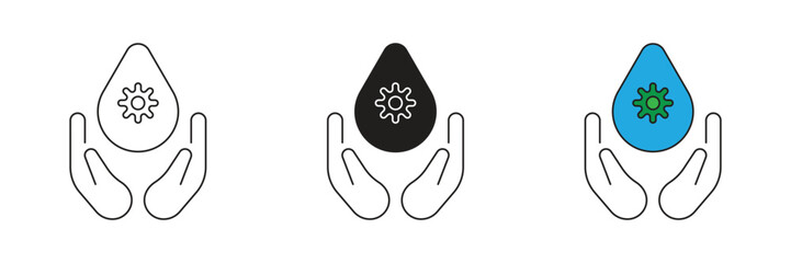Water settings in hand icon set. Vector icon of a hand holding water regulation.