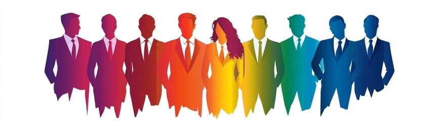 Diverse professional business team represented by a vibrant gradient spectrum of colorful silhouettes standing together showcasing unity inclusion and corporate strength