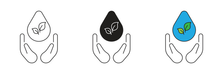 Nature leaf water in hand icon set. Vector icon of a hand holding natural water.
