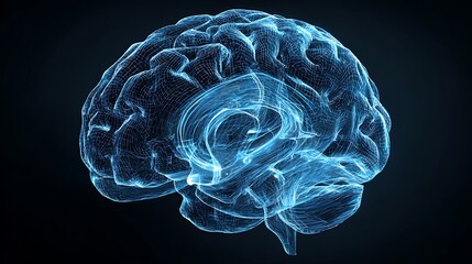 Human brain with network connections and glowing particles on dark background